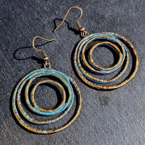 Antique Copper Verdigris Blue Green Patina Round Concentric Circles Earrings
